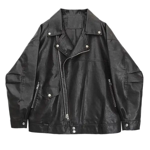 Textured Faux-Leather Leather Casual Outerwear Jacket