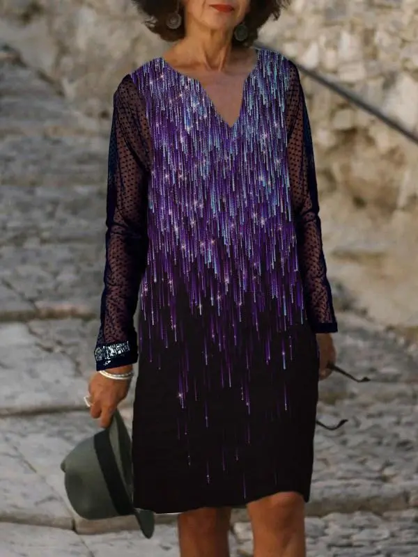 Printed V-neck Lace Splicing Dress