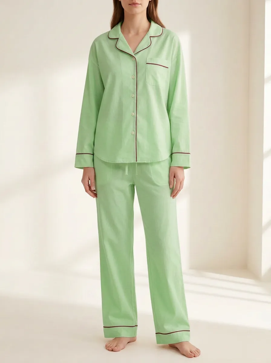 Women's Contrast-Placket Piped-Hem Pajama Set