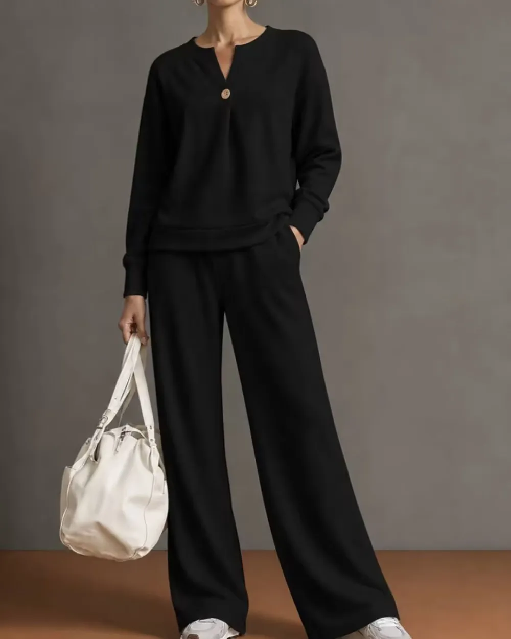 V-Neck One-Button Sweatshirt Set