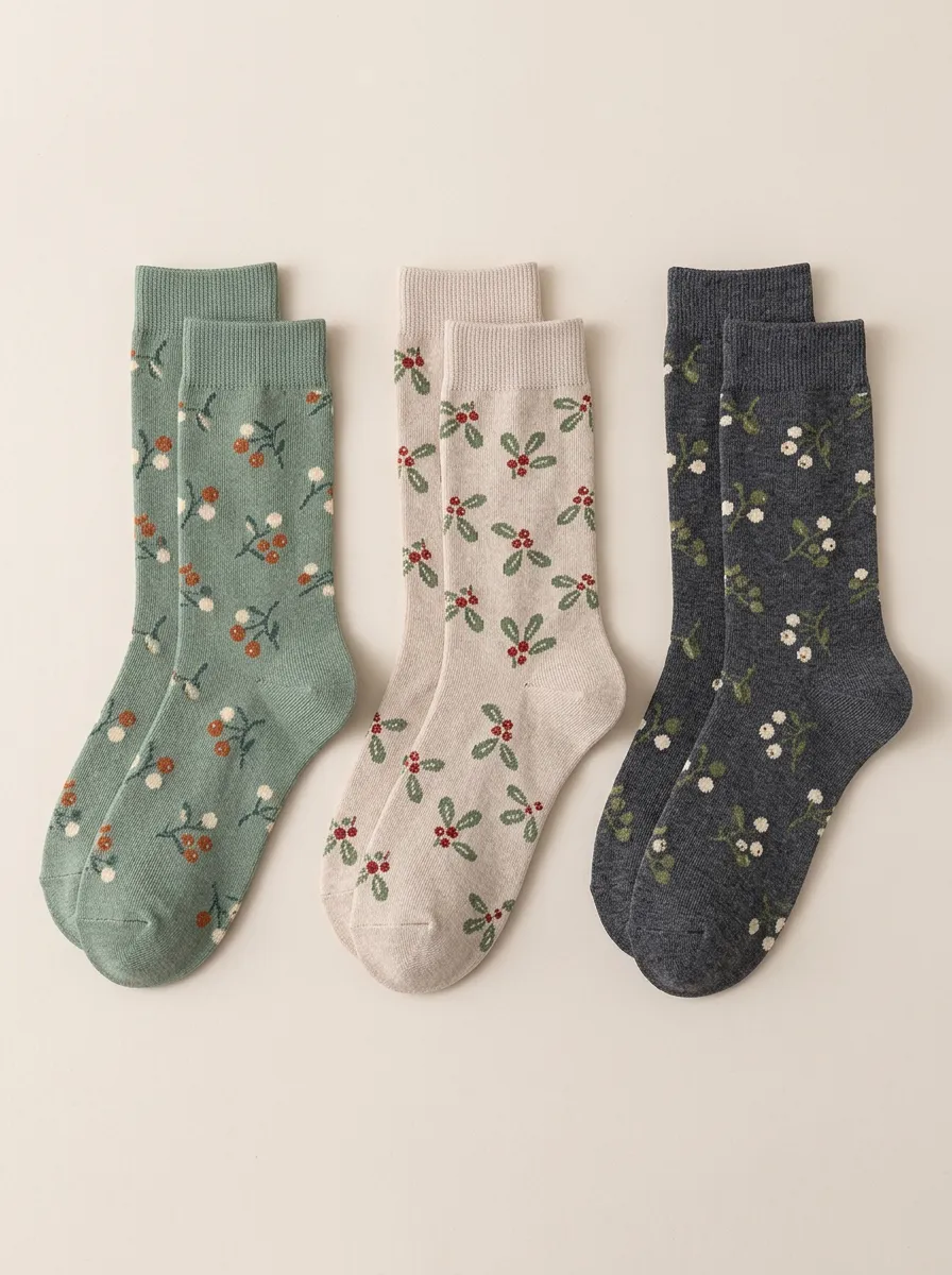 Women's Botanical Berry Leaf Crew Socks Three Pair Set
