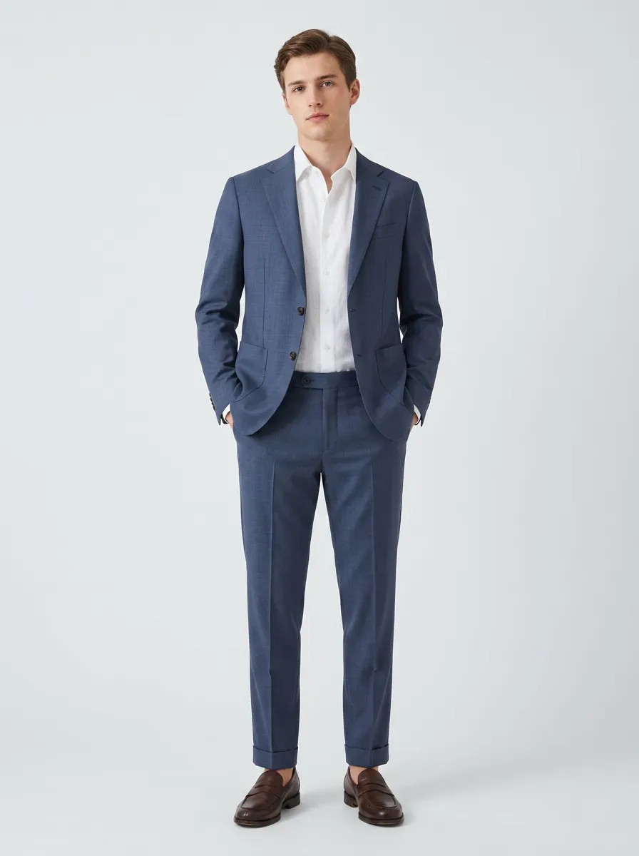 Men's Business Formal Blue Solid Tailored Suit