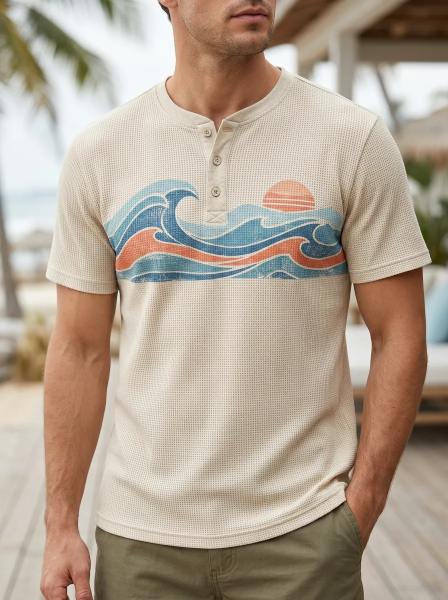 Men's Distinctive Beach Lover Ocean Wave Sunset Henley T-Shirt