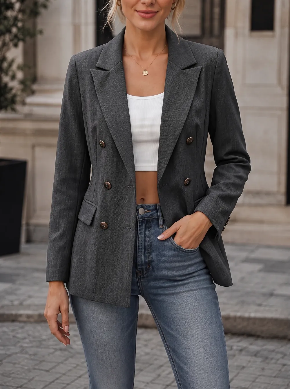 Women's Casual Business Charcoal Grey Double-Breasted Blazer Jacket