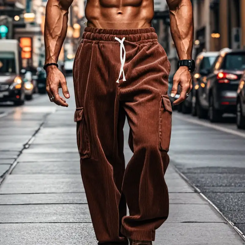 Men's Oversized Corduroy Cargo Pants with Elastic Drawstring Waistband and Multiple Pockets