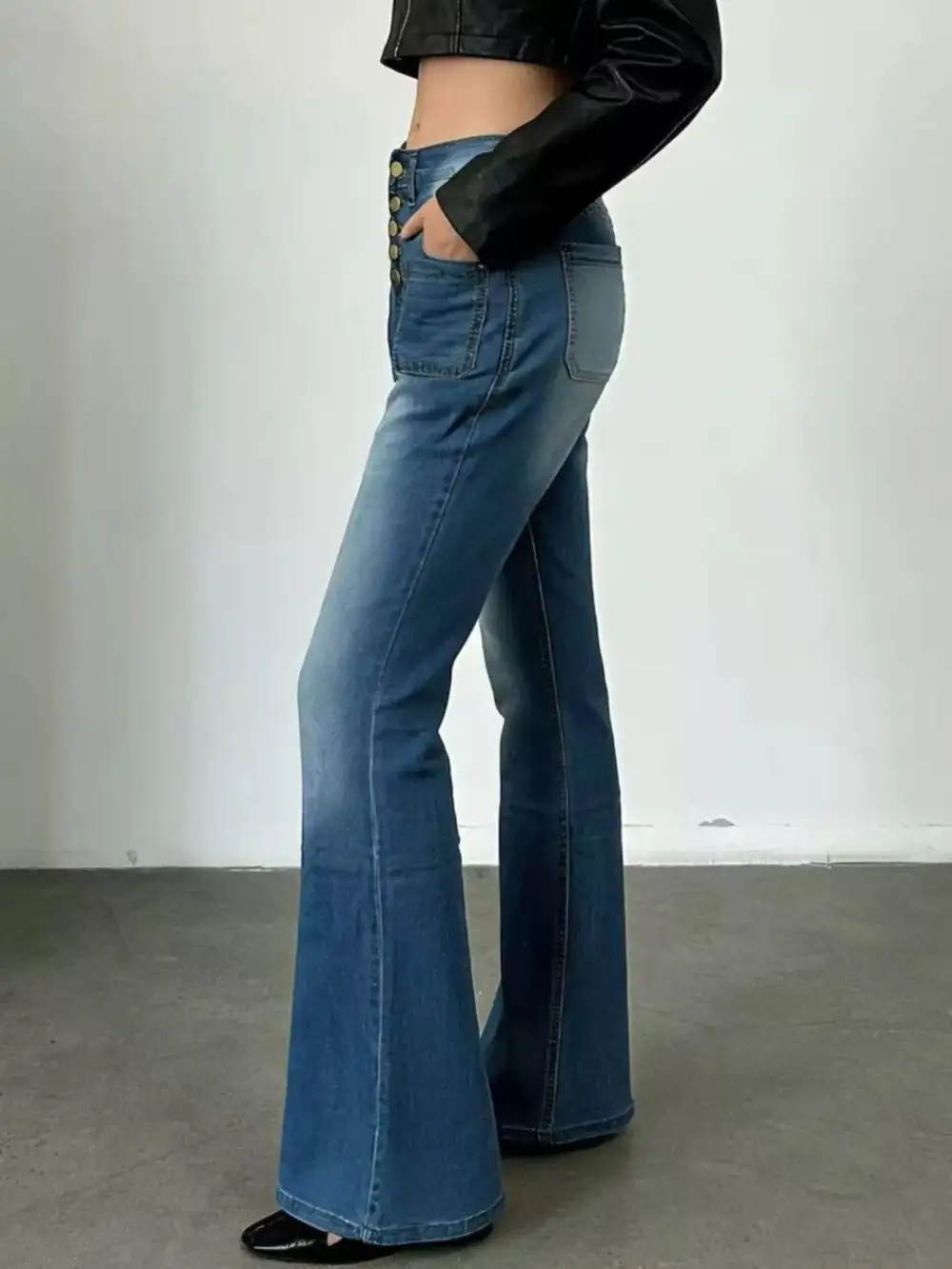 Versatile High Waist Flare Leg Button Denim Jeans