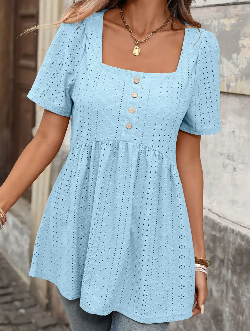 Square Neck Button Loose Tee