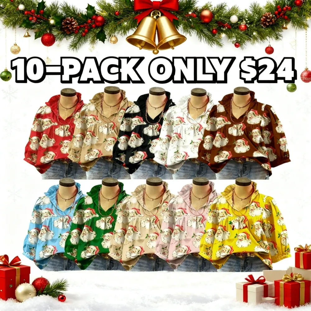 Christmas Santa Print Ruffle V-Neck Blouse