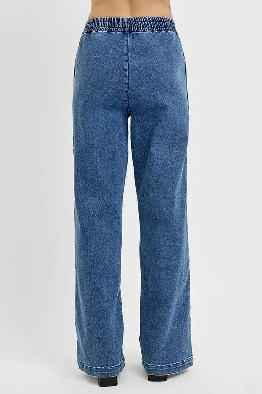 Elastic Waist Wide Leg Plus Denim Jeans