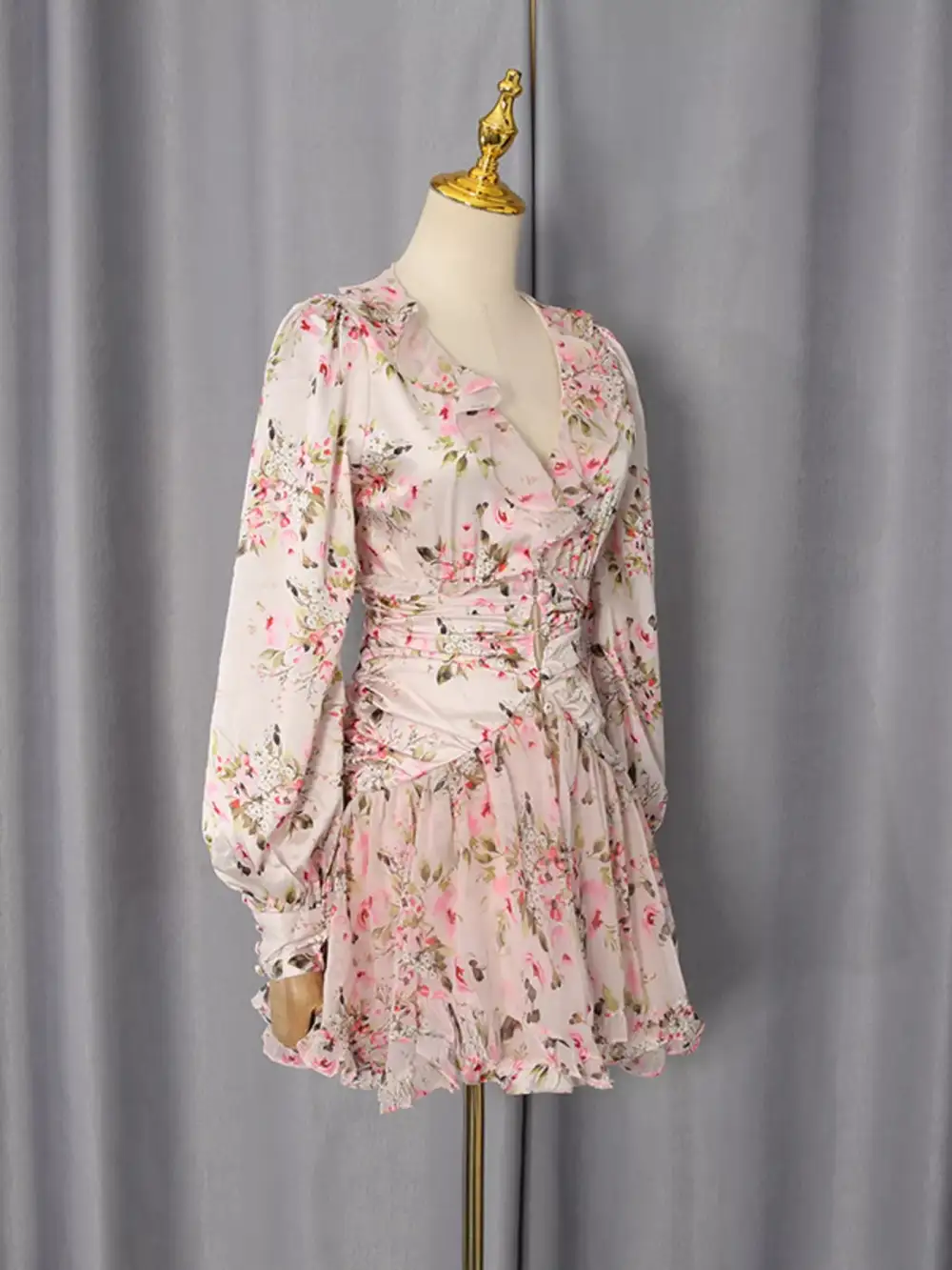 Structured Shape Floral Printed Ruffle Mini Dress