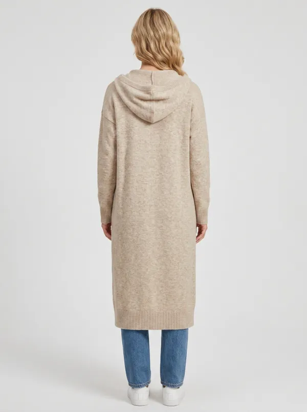 Minimal-Layer Knit Long Hooded Coat