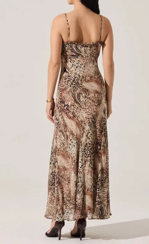 Brown Animal Print Ruffle Maxi Dress
