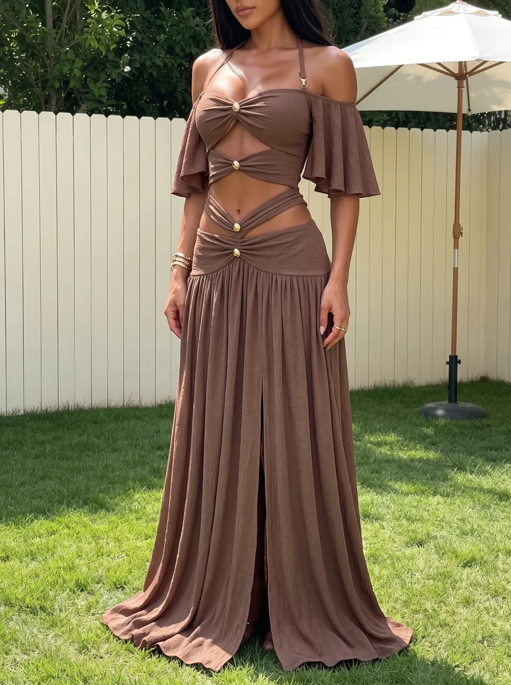 Women's Sexy Boho Cutout Brown Solid Color Two-Piece Set