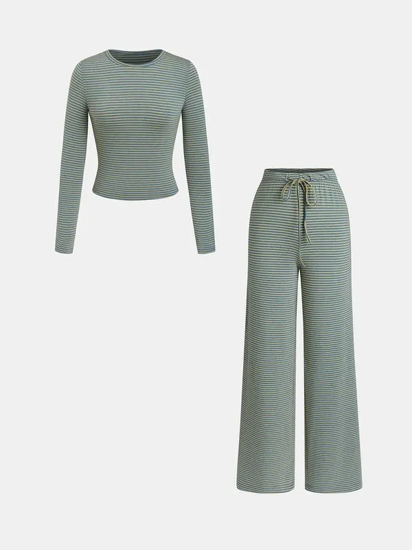 Women's striped printed long-sleeved T-shirt and trousers, casual two-piece set