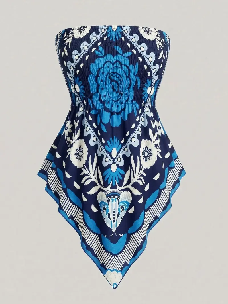 Plus-Size Women's Strapless Top with Ethnic Print