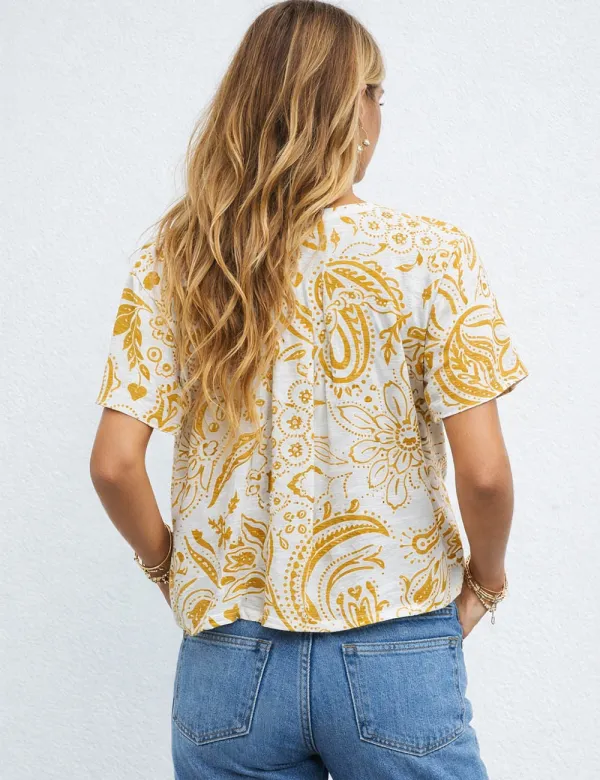 Paisley Round Neck Short Sleeves Babydoll Blouse