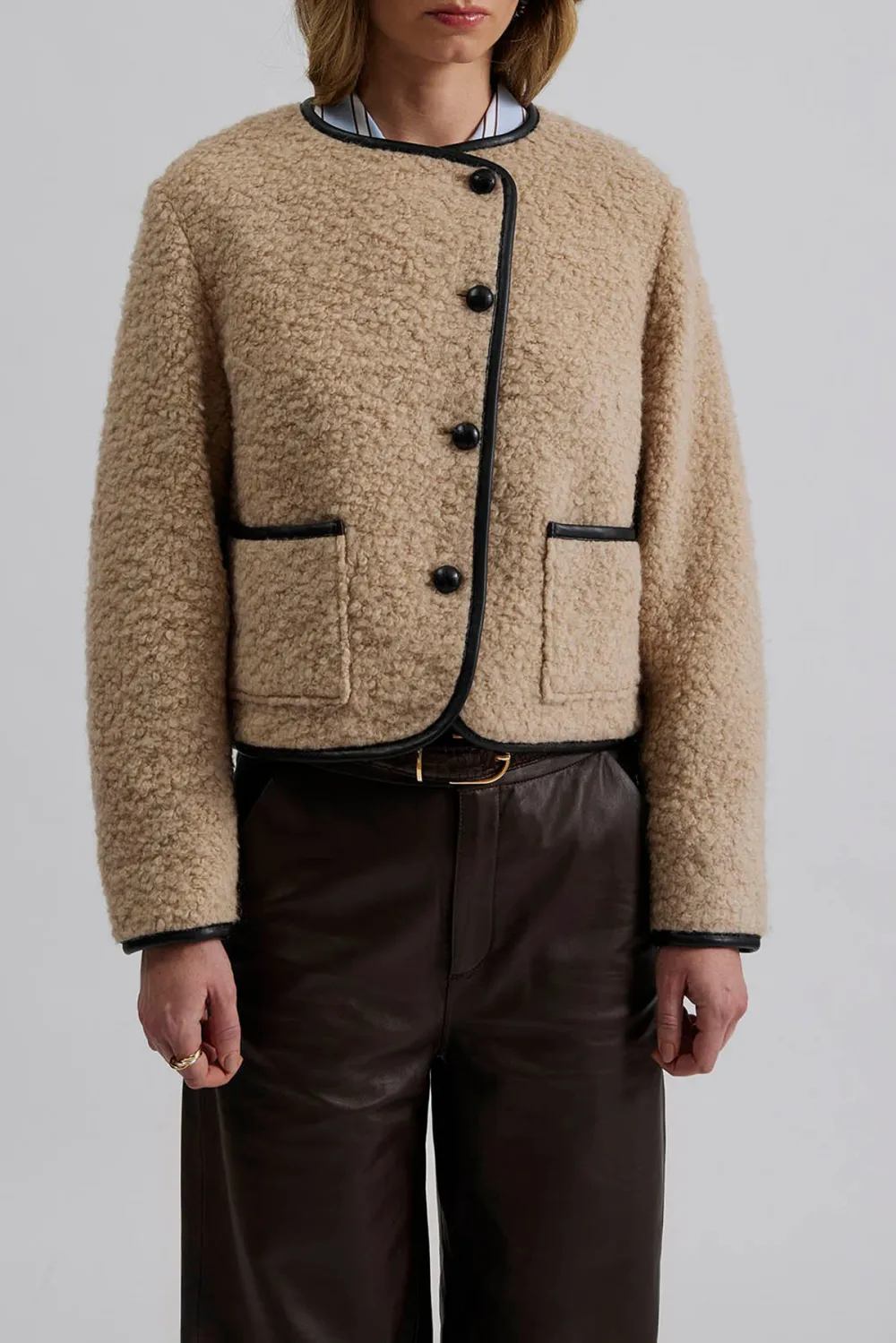 Shearling Trimmed Button Front Jacket