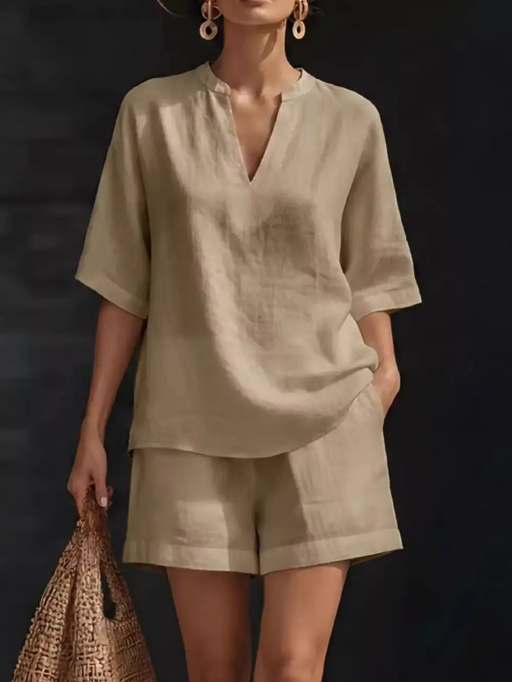Notched Half Sleeve Top and Shorts Set