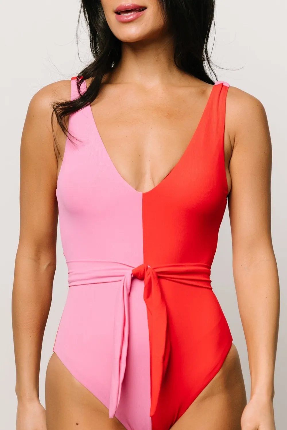 Splice Color-Blocking Waist-Cinching V-Neck One Piece