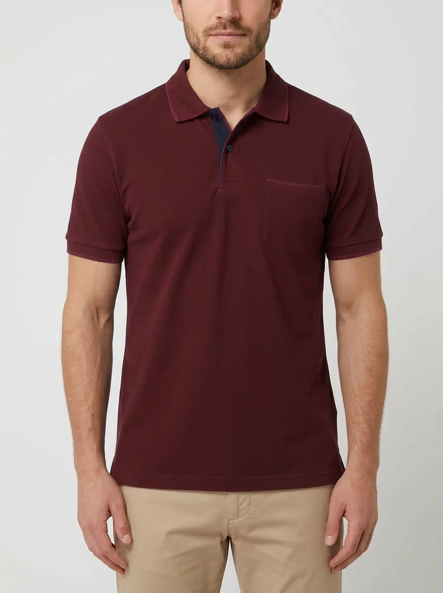 Men's Navy Blue Contrast-Trim Pocket Polo Shirt