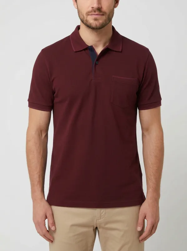 Men's Navy Blue Contrast-Trim Pocket Polo Shirt