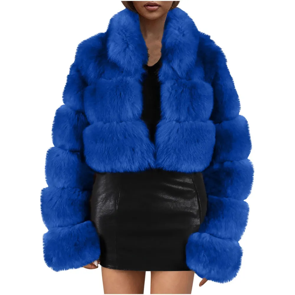 X1-Blue Faux Fur Coat Women with Hood Cropped Bubble Coats Fleece Short Warm Jackets Plus Size Winter Coats for Women