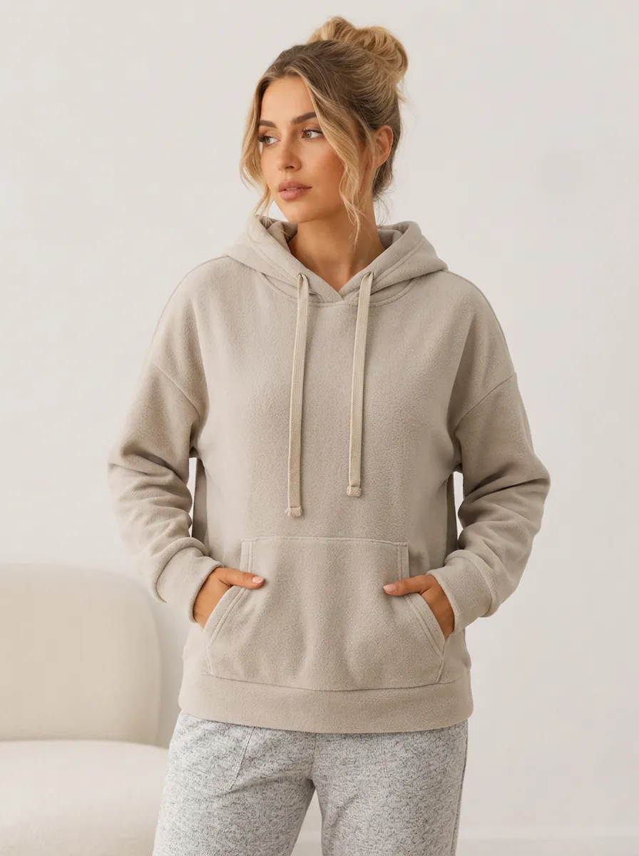 Women's Casual Minimalist Beige Fleece Pullover Hoodie