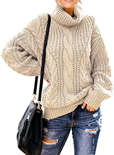 Women's 2025 Turtleneck Balloon Long Sleeve Casual Loose Chunky Cable Knit Pullover Sweater Outerwear