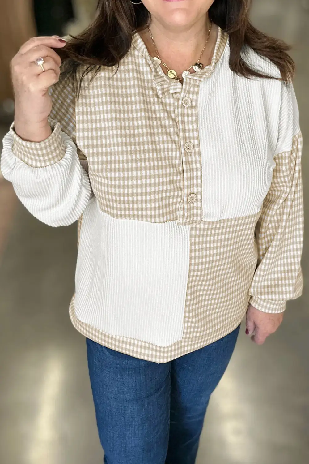 Checkered Print Round Neck Ribbed Viscose Blend Long Sleeve Top