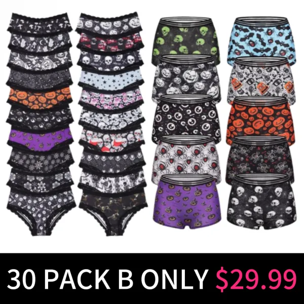 Women Cute Gothic Halloween Contrast Lace Hipster Panties, Contrast Binding Boyshorts