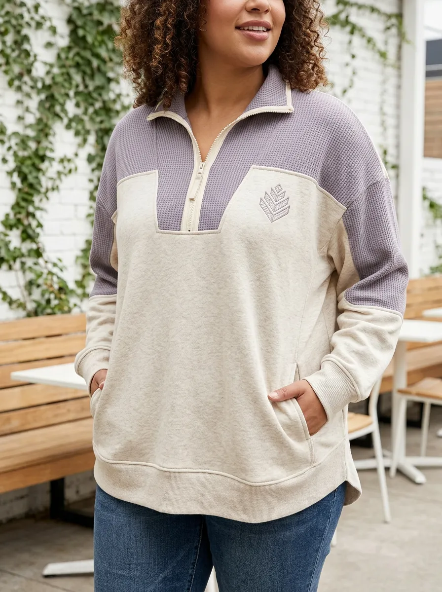 Women's Plus Size Geometric Leaf Embroidered Quarter-Zip Waffle Sweatshirt