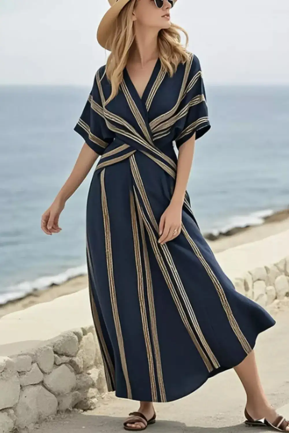Striped Wrap Short Sleeve Maxi Dress