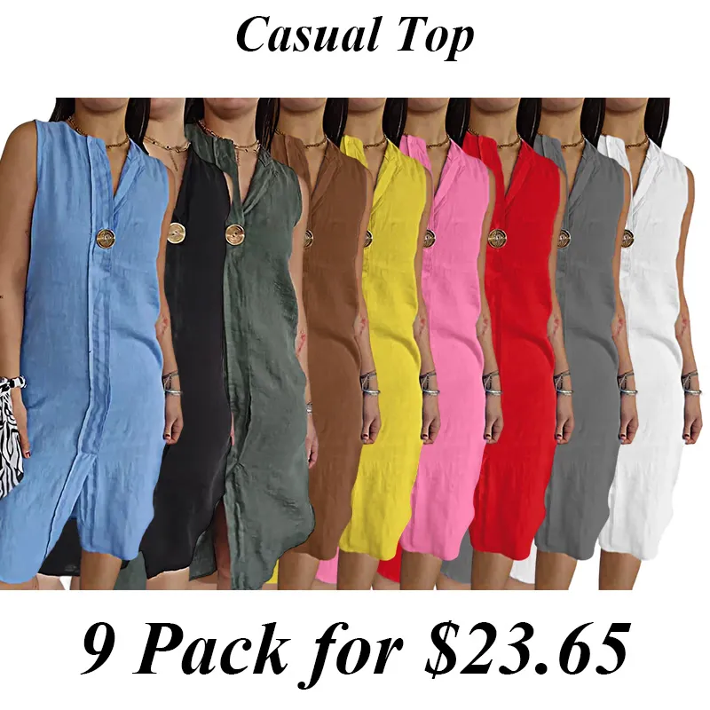 9PACK-Cotton And Linen Button Sleeveless Dress