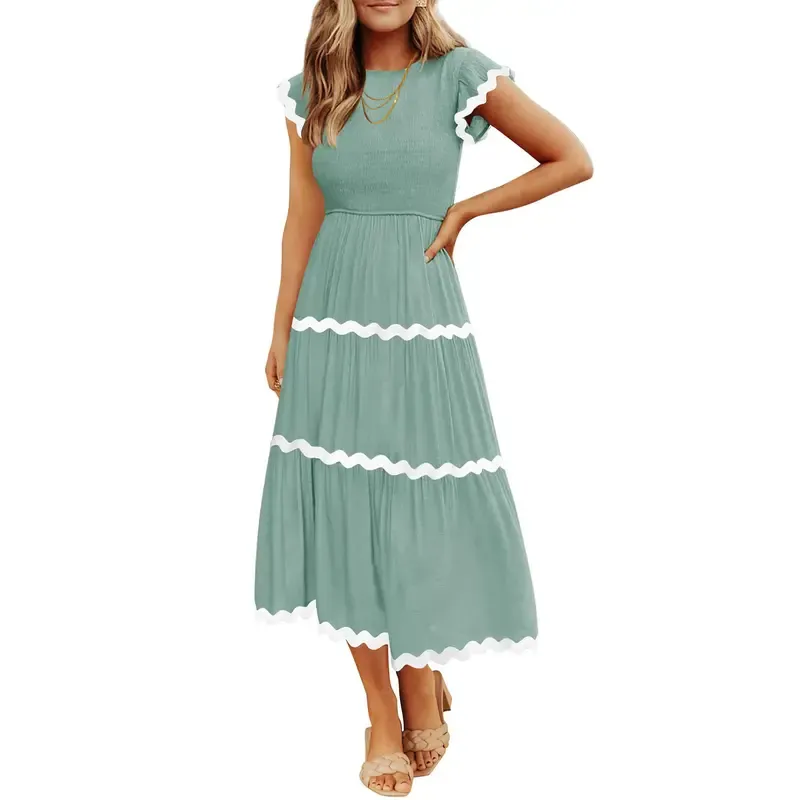 Women's Flowy Short-Sleeved Pleated Midi Dress