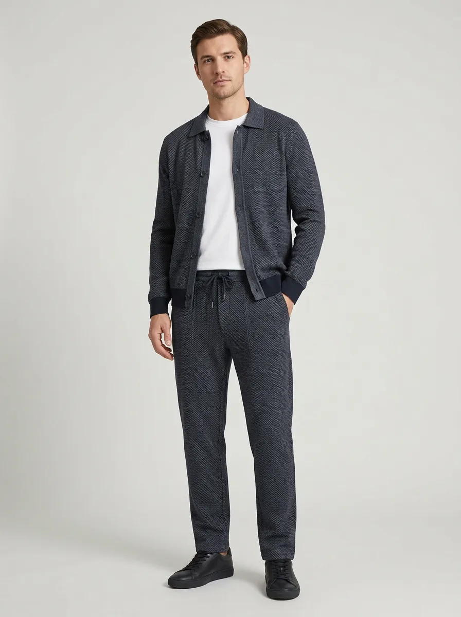 Men's Textured Textured Polo Collar Jacket and Jogger Pants Set
