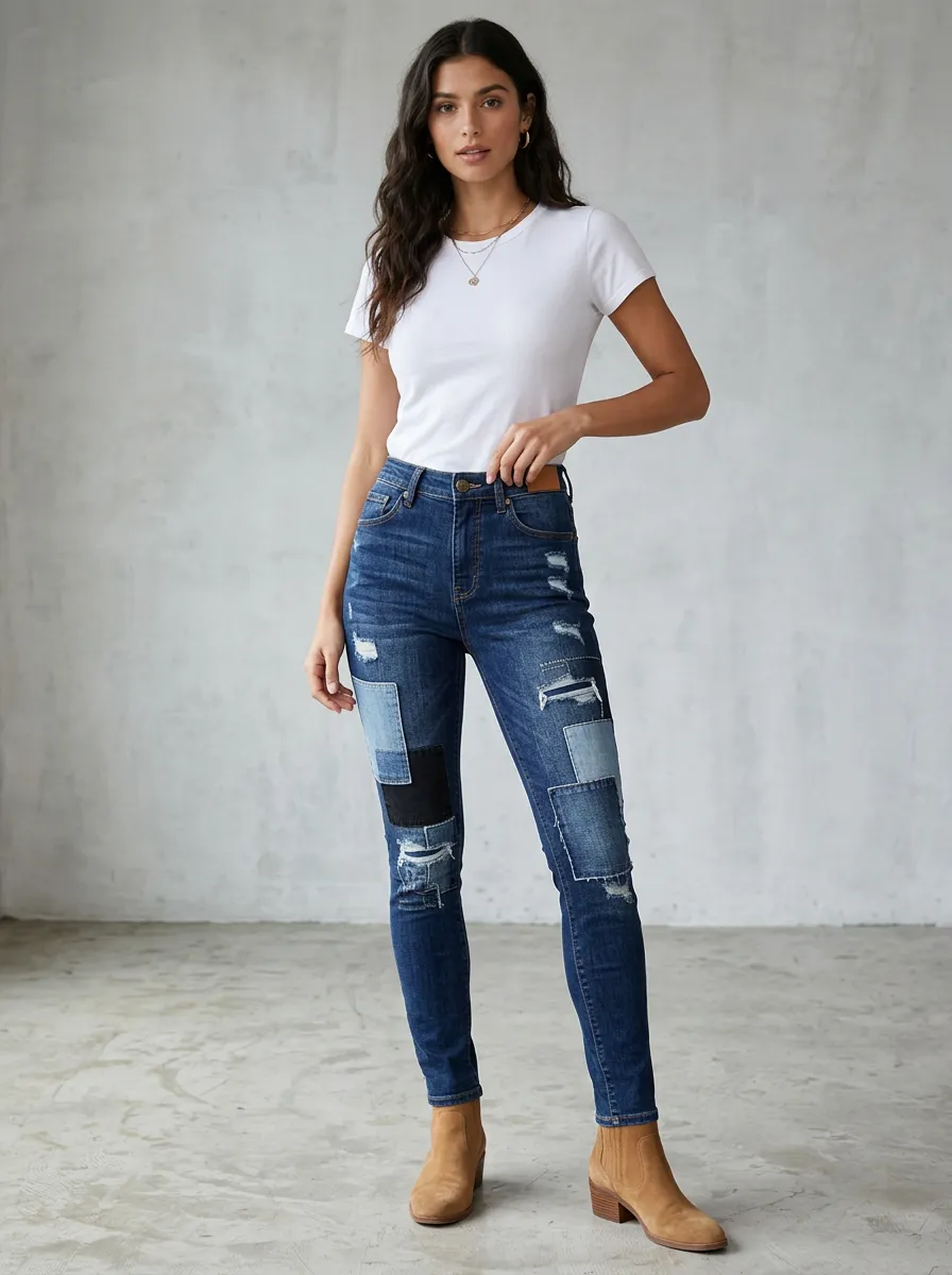 Women's Distressed Patchwork High-Waisted Denim Jeans