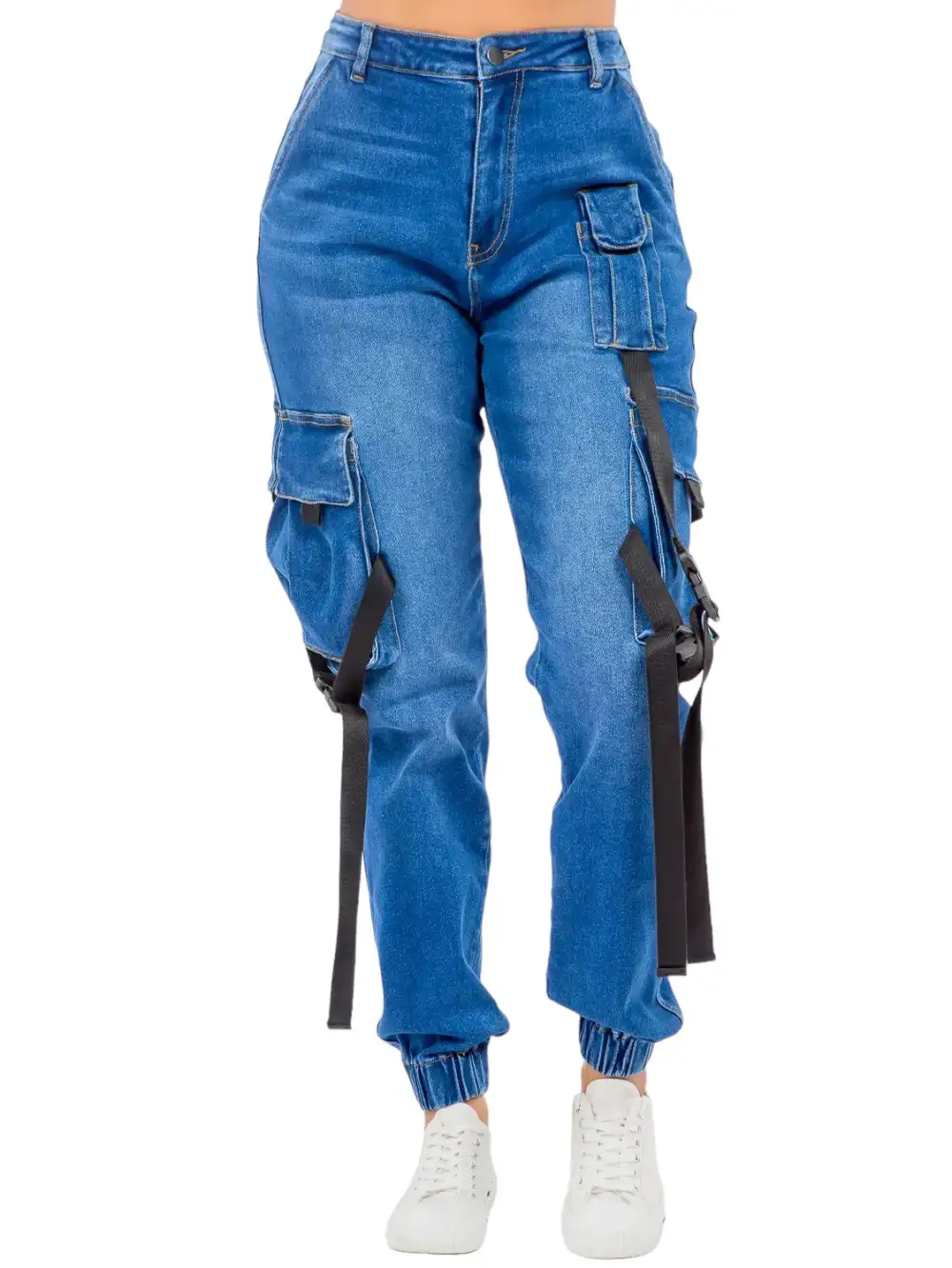High-Waist Denim Utility Cargo Pants