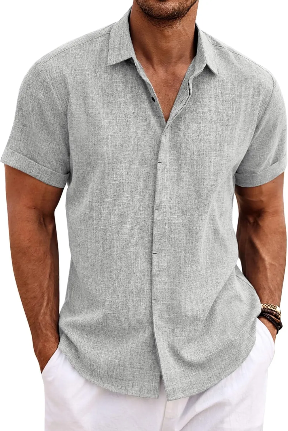 Men's Linen Shirts Short Sleeve Casual Shirts Button Down Shirt for Men Beach Summer Wedding Shirt