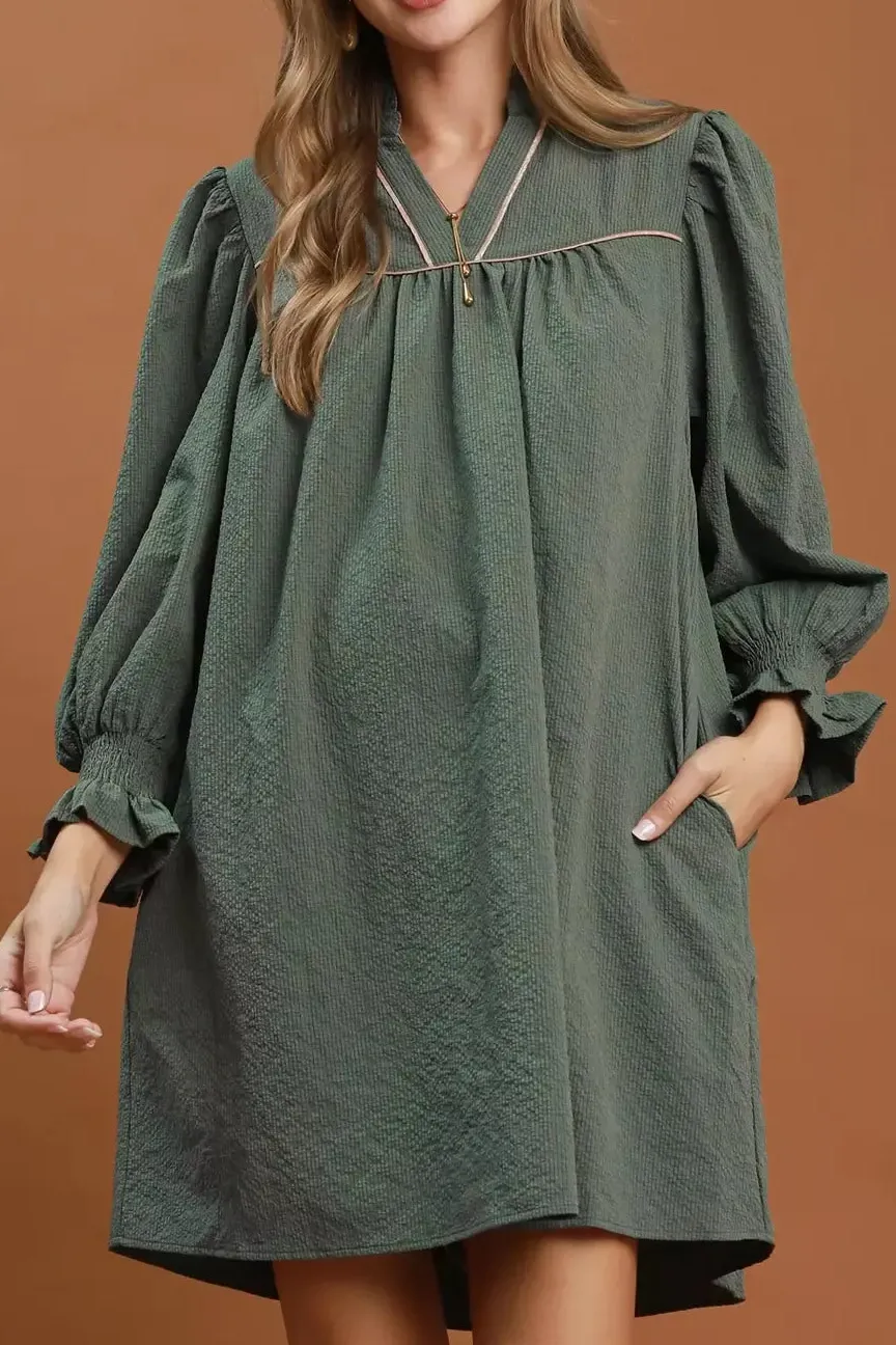 Pocketed Textured Puff Sleeve Mini Dress
