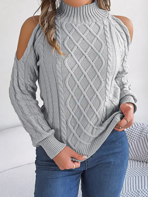 Openwork Cold Shoulder Long Sleeve Relaxed Fit Pullover Sweater