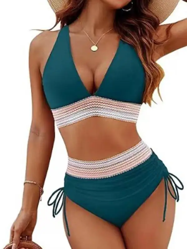 High Waist V Neck Tie Bikini Swim Set