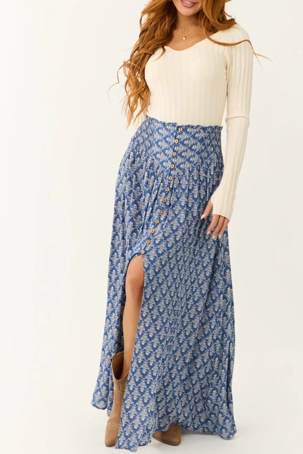 Dusty Blue Abstract Floral Print Maxi Skirt