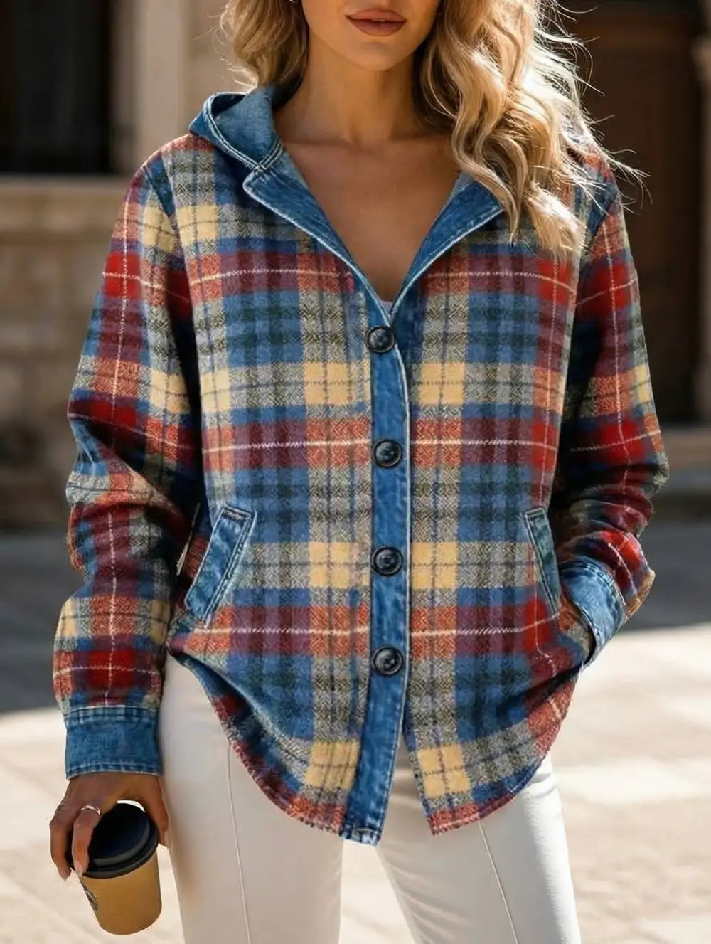 Loose Plaid Hooded Cardigan Sweatshirt