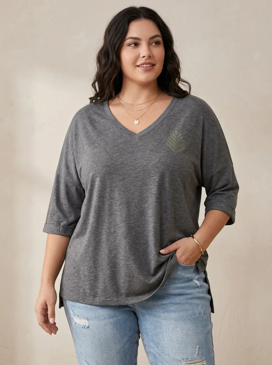 Women's Plus Size Minimalist Leaf Printed V-Neck Loose T-Shirt