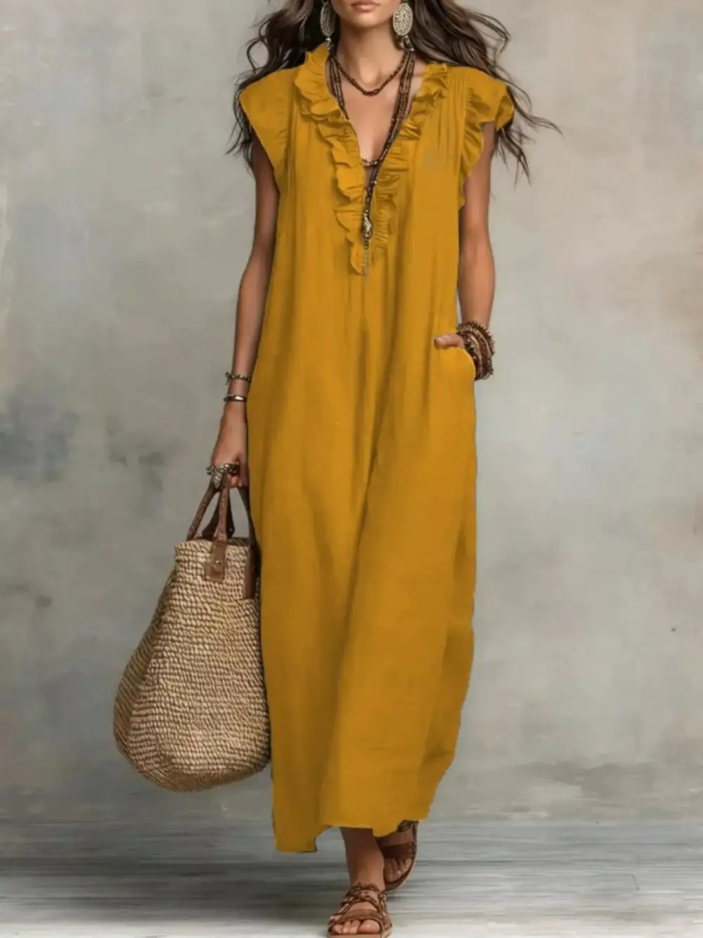 V-Neck Pocketed Maxi Dress