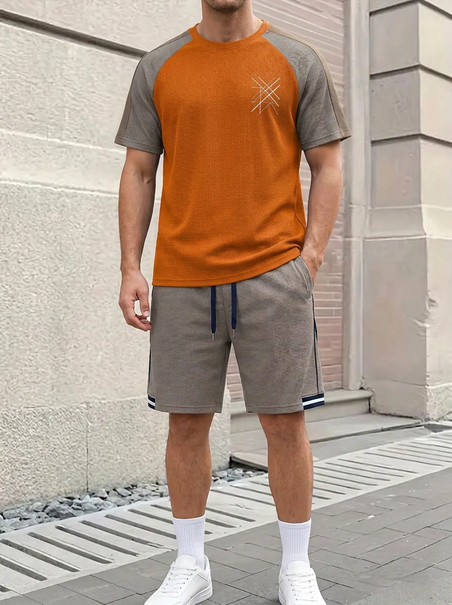 Casual Waffle Texture Geometric Pattern Collection Men's T-Shirt And Shorts Set