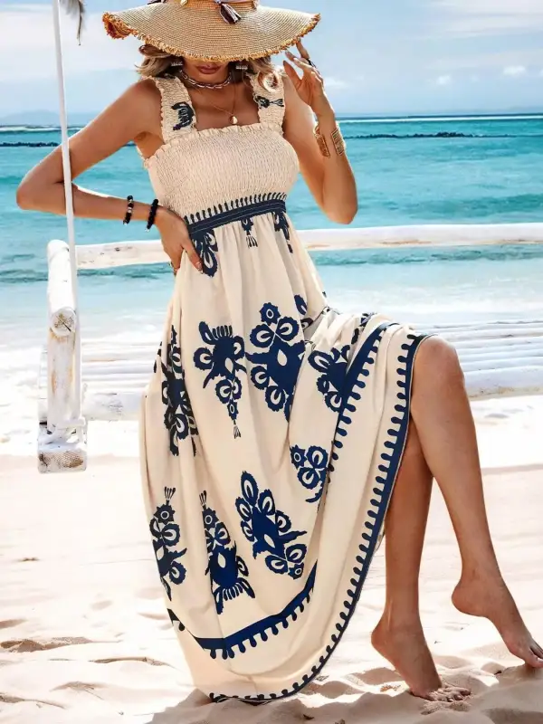 Printed Square Neck Smocked Maxi Dress