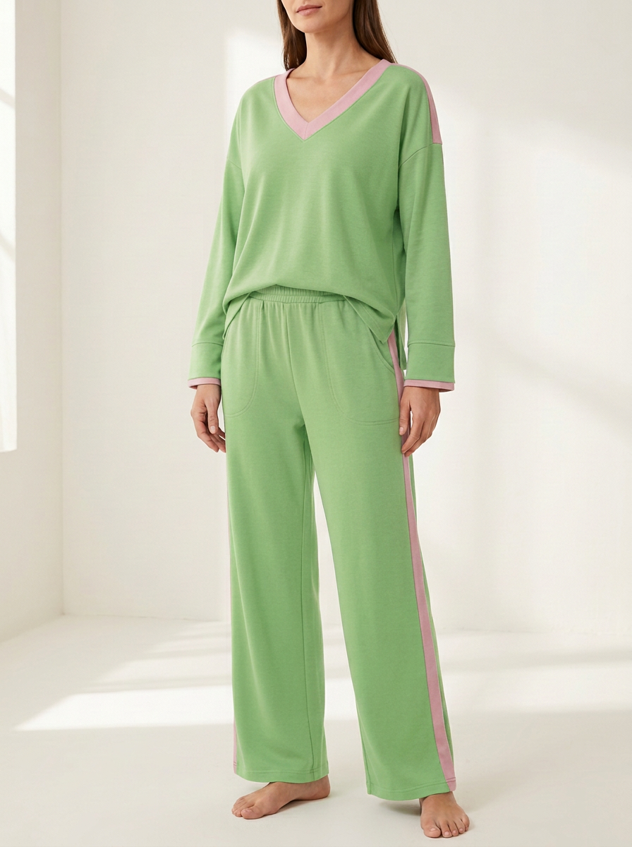 Women's Contrast-Trim V-Neck Elastic-Waist Wide-Leg Lounge Set