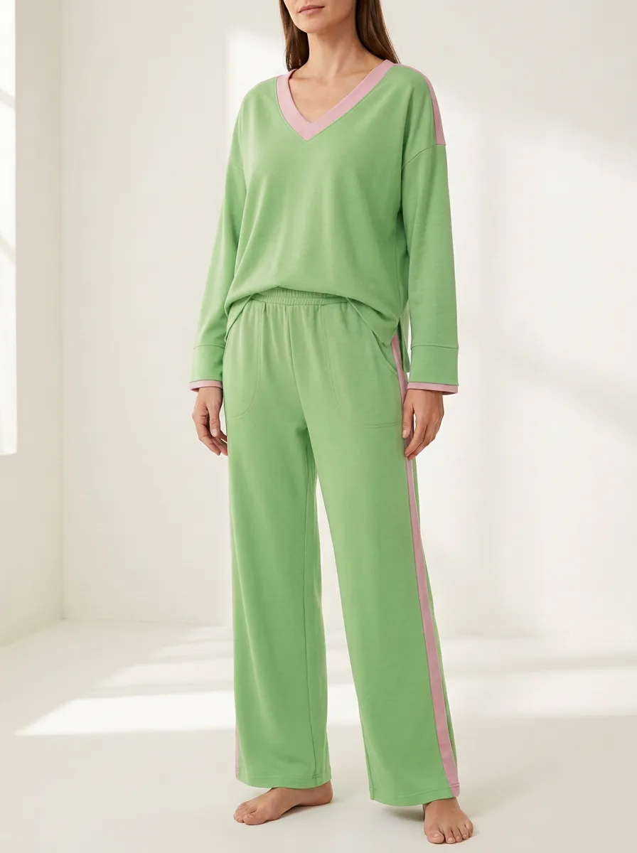 Women's Contrast-Trim V-Neck Elastic-Waist Wide-Leg Lounge Set