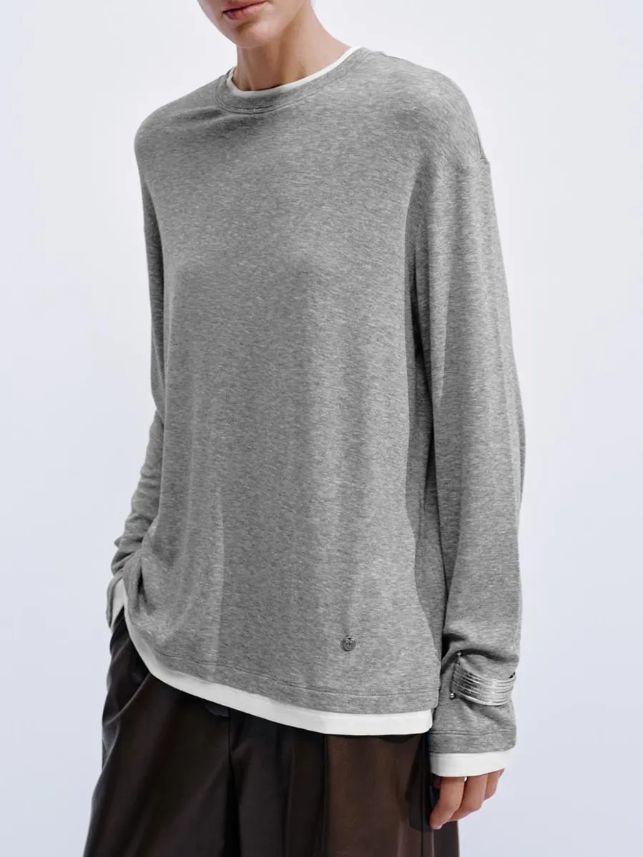 Lady's Grey Round-Neck Loose Long-Sleeved T-Shirt